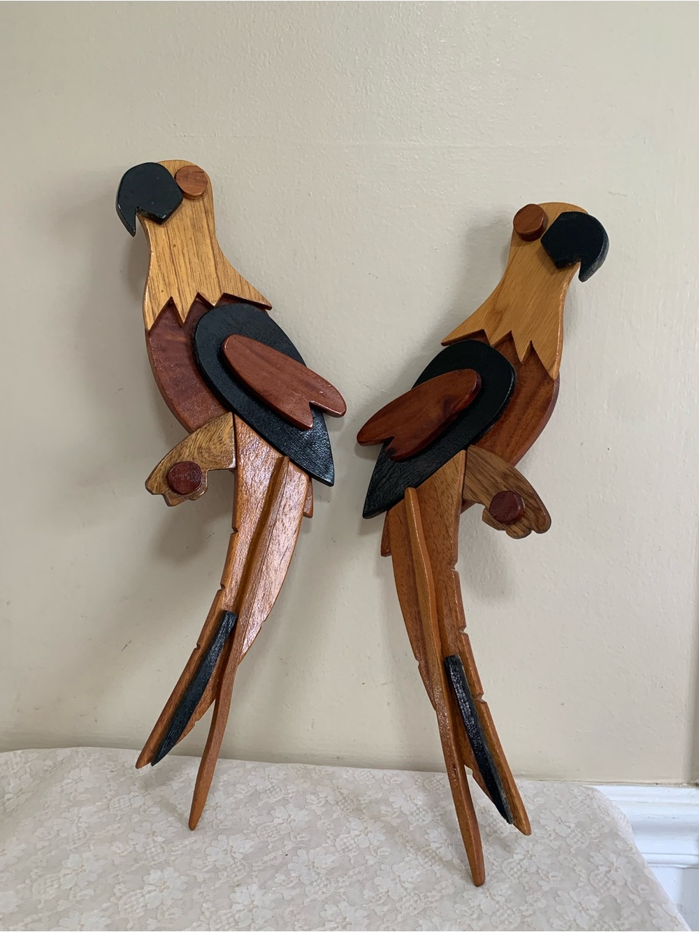 Vintage The Wooden Choice Intarsia Wood Parrot Wall Art Set Mirrored Pair 18”